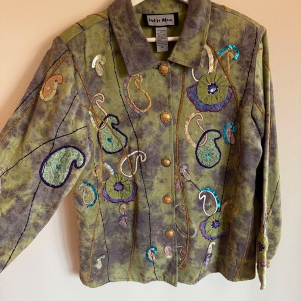 Indigo Moon Boho Embroidered Paisley Jacket M‎ Button Front Sequins